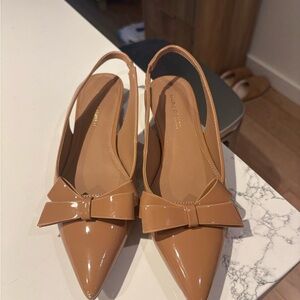 Marc Fisher Patent Pointed Toe Slingback Flats in Tan